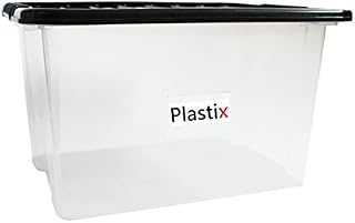 Set of 3 Clear Plastic Storage Box Boxes With Black Lids Home Office Stackable UK Made - 30L 30 LITRE
