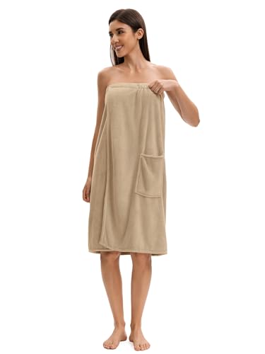 Image of Towel Wrap For Women After Shower,Plush Bath Robe Female,Sauna Spa Wrap Around Towels With Pockets