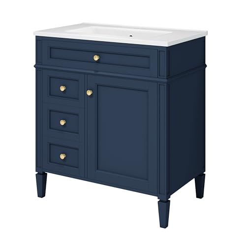 Image of Merax 30 Inch Bathroom Vanity with Sink Set, Modern Bathroom Vanity Storage Cabinet with Matching Mirror Medicine Cabinet, Solid Wood Frame,Painted Finish, 2 Drawers and 1 Tip-Out Drawer, Navy Blue