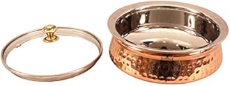 INDIAN ART VILLA Steel Copper Hammered, Polished Serving Handi with Glass Lid 750 ML - Serving Dishes Chicken Briyani Vegetables Home Hotel Restaurant Tableware Dishware, Set of 2