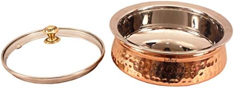 INDIAN ART VILLA Steel Copper Hammered, Polished Serving Handi with Glass Lid 750 ML - Serving Dishes Chicken Briyani Vegetables Home Hotel Restaurant Tableware Dishware, Set of 2