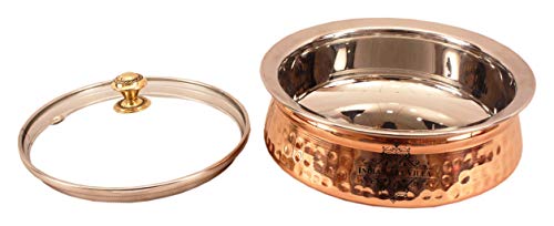 INDIAN ART VILLA Steel Copper Hammered, Polished Serving Handi with Glass Lid 750 ML - Serving Dishes Chicken Briyani Vegetables Home Hotel Restaurant Tableware Dishware, Set of 2