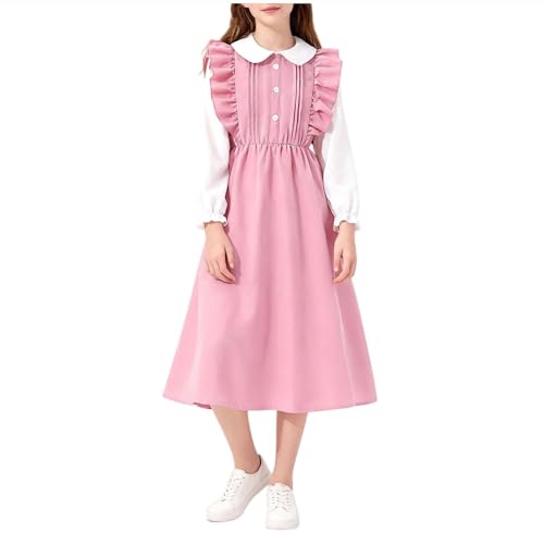 Girls Ruffle Cute Collared Patchwork Dress Long Sleeve A Line Loose Graduation Dresses for 8-13 Years