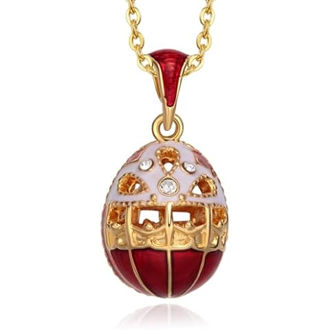 EGGLEGANT Hollow Design Vintage Enamel Egg Pendant Necklace with Crystals, Red Blue Green (Red) Cover