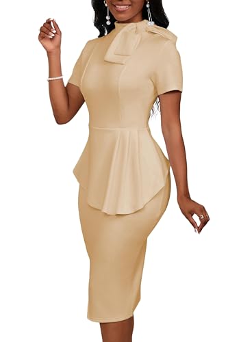 Image of PerZeal Women's Fashion Peplum Bodycon Short Sleeve Work Dresses Bow Club Ruffle Pencil Formal Cocktail Dress