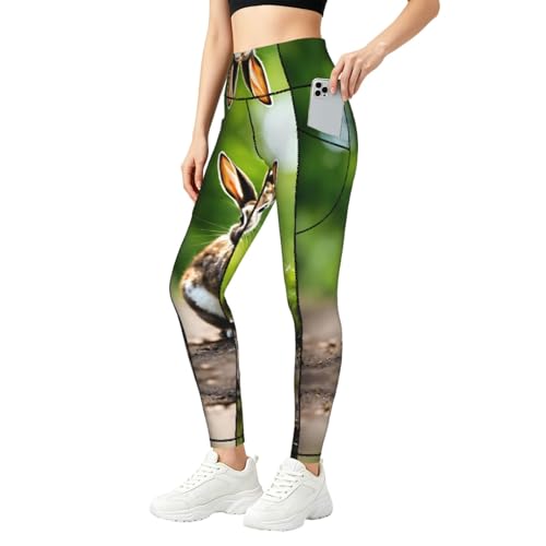 Leggings con estampado de conejo y bolsillos laterales, pantalones de entrenamiento elásticos