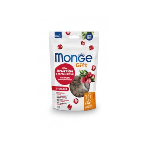 Monge Snack Gatto Sterilised Gift Urinary Support,snack per gatti adulti di tutte le taglie,gusto ANATRA e MIRTILLI ROSSI,senza cereali,favorisce il sostegno immunitario | 3 bustine da 60 g