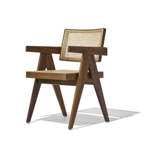 Image of Solid Wood Arm Chair with Cushion and Cane Back Support Chair Living Room Bedroom Home Wooden Armchair Furniture Garden Balcony Outdoor & Indoor (Walnut Chair with Cane)