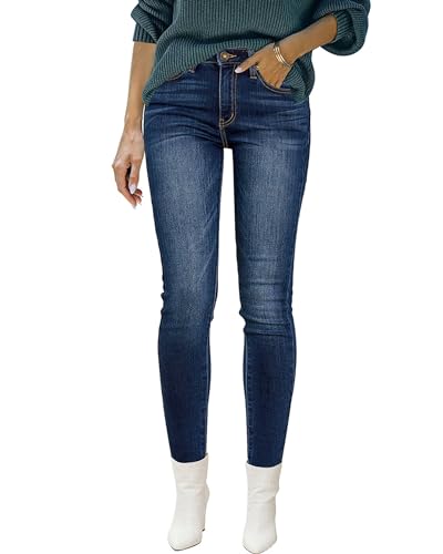 Roskiky High Waist Jeans Damen Skinny Hose Elegant Leggings Blau Dunkelblau XL