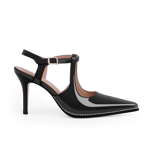 Women's Patent Leather T-Strap Stilettos High Heels Closed Pointed Toe Buckle Strap Dress Shoes Sexy Pumps4