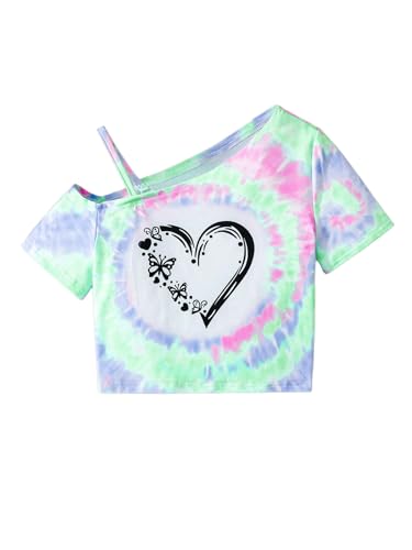 Image of WDIRARA Girl's Tie Dye Heart Graphic T Shirt Asymmetrical Short Sleeve Shirts Tee Crop Tops