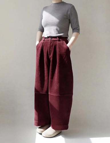 UANEO Womens Corduroy Pants Casual Relaxed Wide Leg Pleated Trousers Button Zipper Closure Pants with Pockets 7