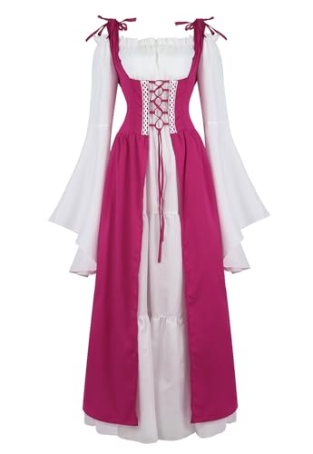 Lehauya Renaissance-Kostüm für Damen, mittelalterliches irisches Kleid und Trompetenärmel, Boho-Set, Rose, S