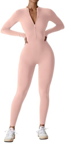 YEOREO Women Long Sleeve Workout Jumpsuit Zip Up Romper Bottom Pa...