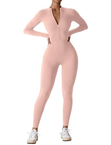 YEOREO Women Long Sleeve Workout Jumpsuit Zip Up Romper Bottom Pants Bodysuit Bodycon Sexy One Piece