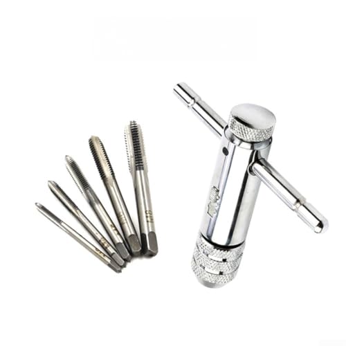 Kit de extractor de tornillos de trinquete y llave de grifo, soporte de mango en T ajustable en acero de rodamiento para roscas M3 M5 M6, usos con una sola mano para máquina pequeña (7)