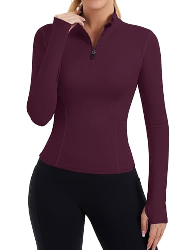 ZHENWEI Workout Tops for Women Active Long Sleeve Compression Shirt Tennis Pilates Outfits Hiking Exercise Crop Tops (Wine Red,M)