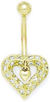 14k Yellow Gold CZ Cubic Zirconia Simulated Diamond 14 Gauge Dangling Love Heart Body Jewelry Belly Ring Measures 28x14mm Jewelry Gifts for Women