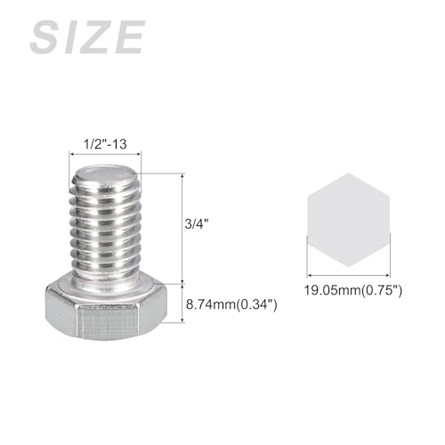 Image of METALLIXITY Hex Head Bolts (1 /2-13 x 3 /4 inch) 20Pcs, 304 Stainless Steel 18-8, Fully Threaded, External Hex Drive, Plain Finish, Hex Head Screw Bolt, Silver