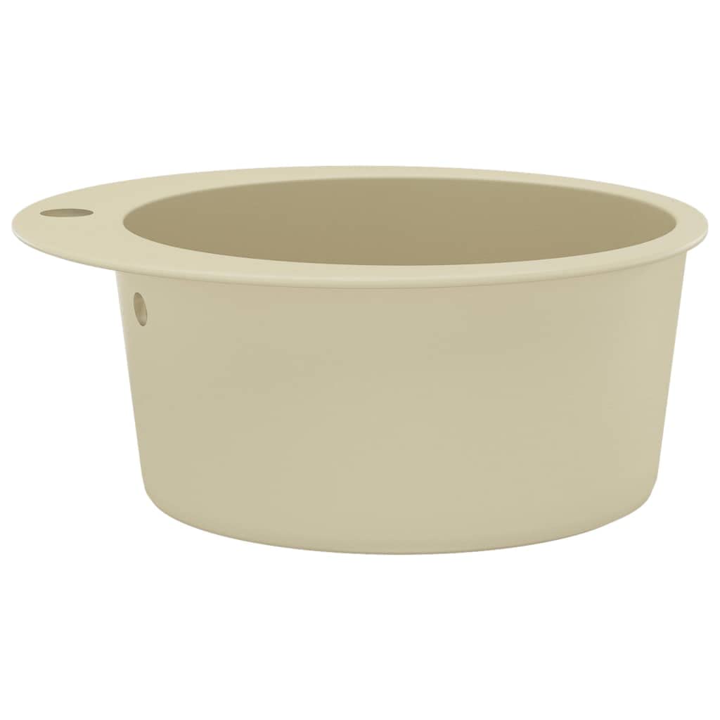 Fregadero de granito redondo beige de 80% cuarzo y 20% resina, 505 x 505 x 290 mm, con cesta colador, resistente al calor y a los arañazos
