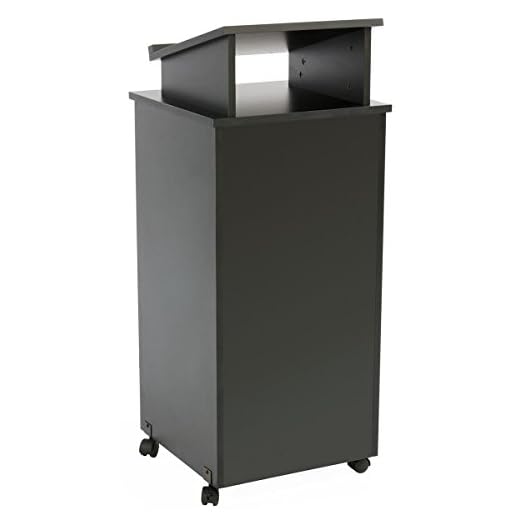 Rolling Wood Podium, 44"H, Locking Wheels, 2 Shelf Open Cabinet, Top Surface with Lip (Black)