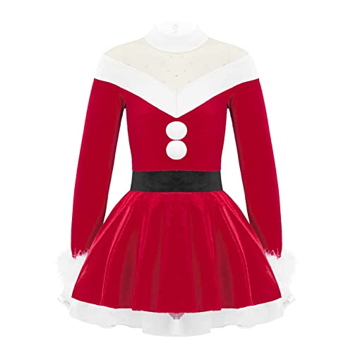 Hansber Girls Christmas Outfits Long Sleeve Faux Fur Trimming Velvet Figure Roller Skating Baton Twirling Dress Red-Velvet 8