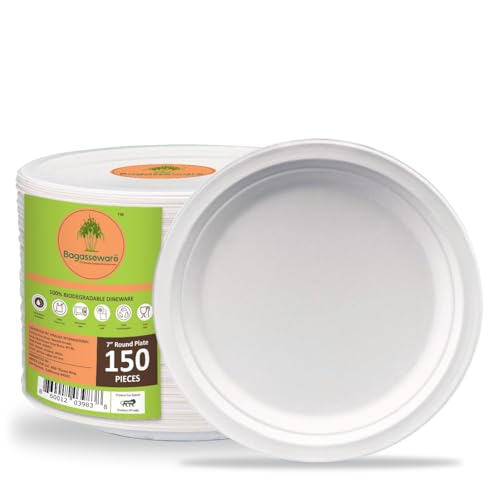 BAGASSEWARE Platos compostables redondos de 7 pulgadas, resistentes, 150 unidades, 3 veces más fuertes*, aptos para microondas y congelador, a prueba de remojo, biodegradables y desechables