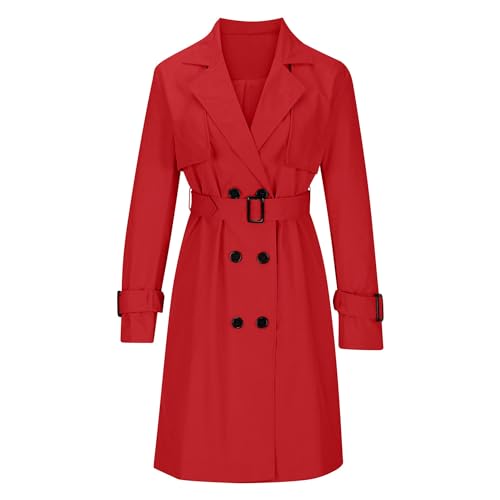 Mid Long Trench Coat for Women Double Breasted Classic Lapel Windproof Overcoat Fashion Outerwear with Belt