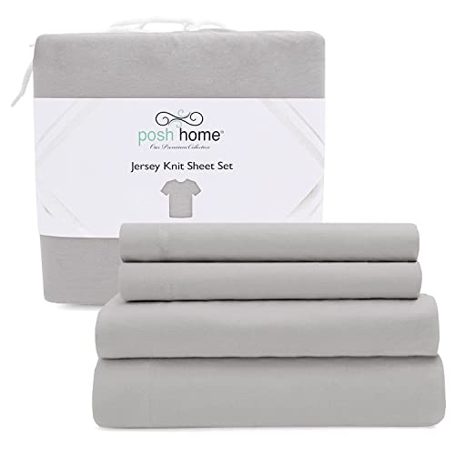 Posh Home Jersey Knit Bed Sheet Set - 4 Piece - Organic Cotton Blend - Ultra Soft T-Shirt Material - Deep Pockets - Easy Fit - Breathable and Cooling - Twin - Ashen Grey