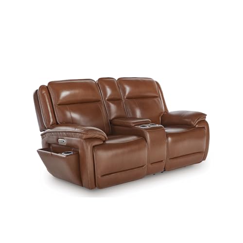 Image of Signature Design by Ashley Healy Pier Power Reclining Loveseat, Zero-Gravity Comfort, Leather and Faux Leather Construction, Home Theater Seating with Console, Dark Brown, 78 inch W