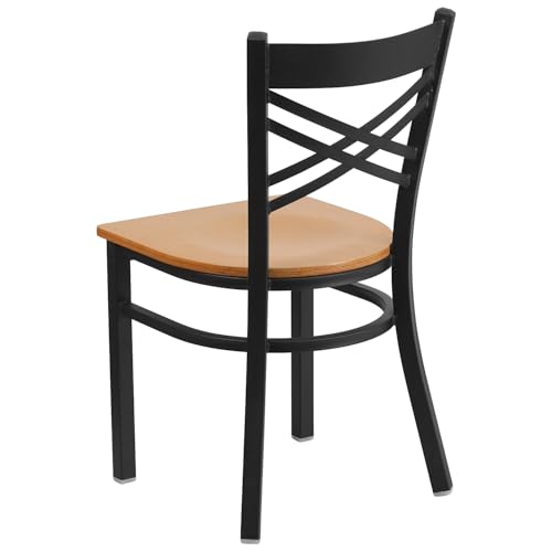 Image of Flash Furniture 2 Pack HERCULES Series Black ''X'' Back Metal Restaurant Chair - Natural Wood Seat