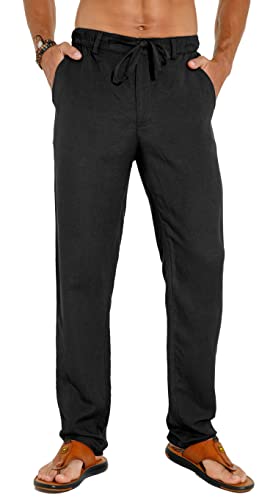 Sailwind Men's Summer Beach Linen Pants Casual Lightweight Elastic Waist Drawstring Loose Pants Black #TOP3