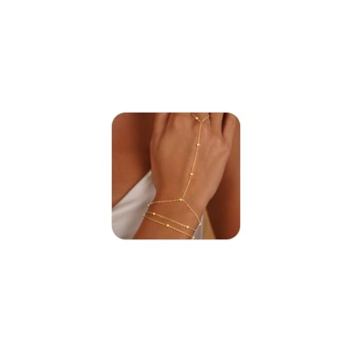 Picuzzy Hand Chain Bracelet for Women,Dainty 14k Gold Plated Beaded Ring Bracelet Hand Chain Stackable Finger Ring Slave Bracelet Set Non Tarnish Layered Adjustable Trendy Jewelry Gifts for Women