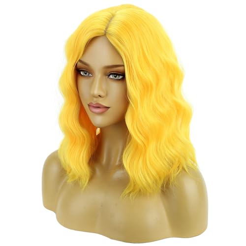 Image of BERON Yellow Short Side Part Curly Wavy Wig for Women Girls Shoulder Length Wavy Heart Resistant Synthetic Wigs Cosplay Costume Daily Party Wig