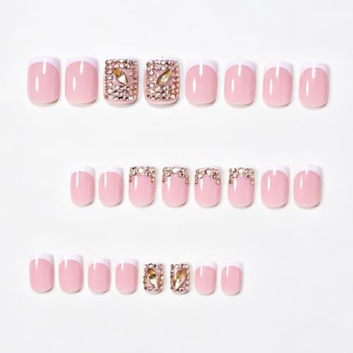 Image of White French Tip Press on Nails Short Nails Gold Rhinestone Nails Press ons