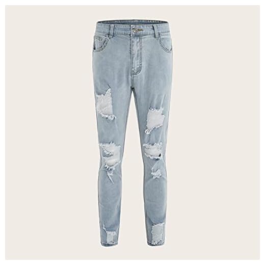 Woovitpl Herrbyxor jeans herr streetwear hip-hop trasiga jeans destruktion kläder bomull casual jogging tight stretch bekväma andningsbara byxor blå M