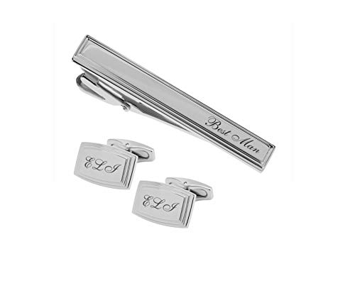 Set personalizado de gemelos y pinza para corbata plateados miniatura 2