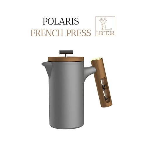 Image of LECTOR Polaris French Press Coffee Maker, 600ML, Ceramic, Manual Coffee & Tea Brewer with Natural Wooden Handle & Lid | Strong Build, Superior Filtration, Innovative 4 Minute Hour Glass Timer (Grey).