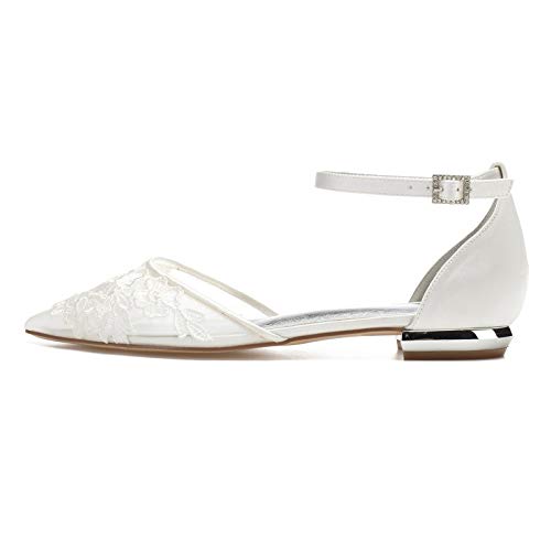 Charmstep Womens Pointed Toe Bridal Ballet Flats Ankle Strap Satin Mesh Lace Flowers Flat Wedding Dress Shoes 5047A-22