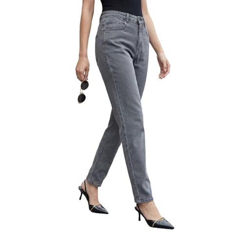 Image of Urbano Fashion Women's High Rise Straight Fit Washed Jeans Non-Stretchable