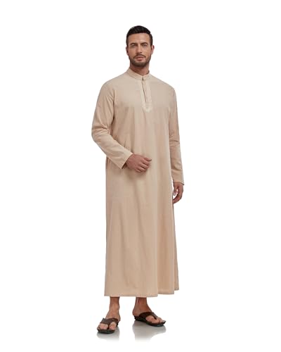 Jacansi Mens Button Down Robe Kaftan Thobe Casual Long Sleeve Cotton Linen Muslim Gown Thobes M-3XL