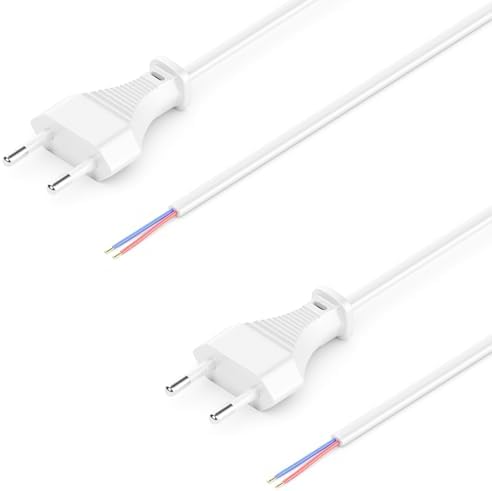 deleyCON 2m Euro-Netzkabel offenes Kabelende Typ C, 2 Stück - Weiß | Stromkabel, Ersatzkabel, Anschlusskabel, Zuleitung mit flachem Euro Stecker, für Leuchten, Lampen und Leuchtmit