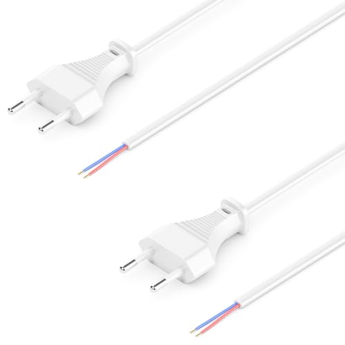 deleyCON 2x 3,0m Cavo di Alimentazione Euro con Estremità Aperta - Cavo Elettrico di Ricambio per Collegamento - Spina Piatta Tipo C - per Lampadari Apparecchi Illuminazione Corpi Luminosi - Bianco