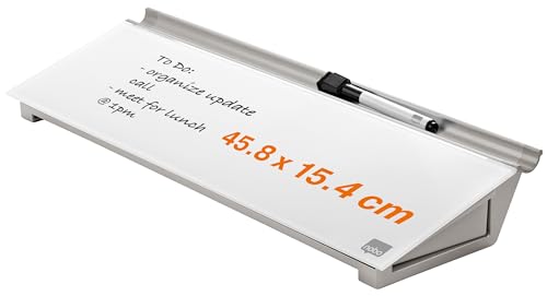 Rexel Nobo Pizarra Blanca Portátil de Sobremesa, Superficie de Cristal, Permite Secado en Seco, Sin Marco, Incluye Rotulador y Cajón de Almacenamiento, Blanco Brillante, 458 x 154 mm, 1905174