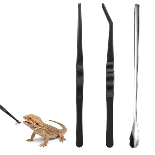 BATSEREN 3- teiliges Reptilien- Futterzange, Reptilienzubehör, 19 cm und 25 cm langes Pinzetten- Set mit geraden und gebogenen Spitzen, Aquarium- Pinzette und Terrarienwerkzeuge für Eidechse