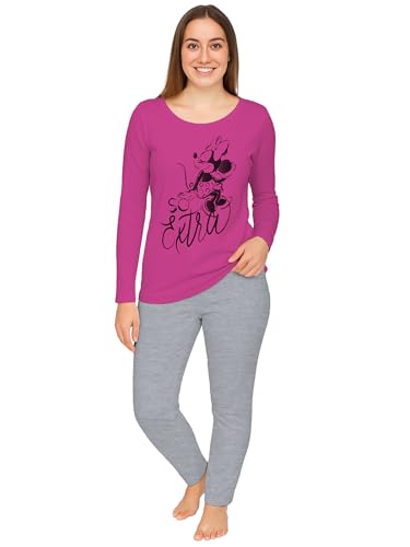 Disney Minnie Mouse Schlafanzug für Damen - So extra Pyjama Set Langarm Oberteil mit Hose Pink/Grau (L)