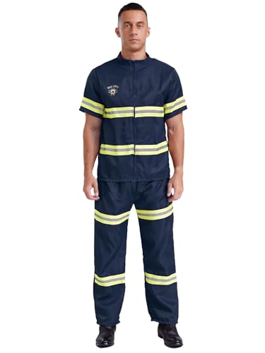YONGHS ﻿Firefighter Costume for Adults - Mens Fireman Roleplay Costume 4 Pcs Tops Pants with Helmet and Belt Navy Blue Medium