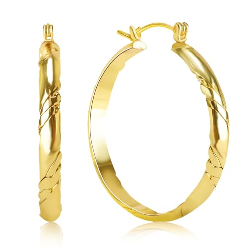 14K Gold Earrings for Women Trendy Lightweight Hoops Earrings Gold Cutting Line 14K Gold Hoop Earrings for Women