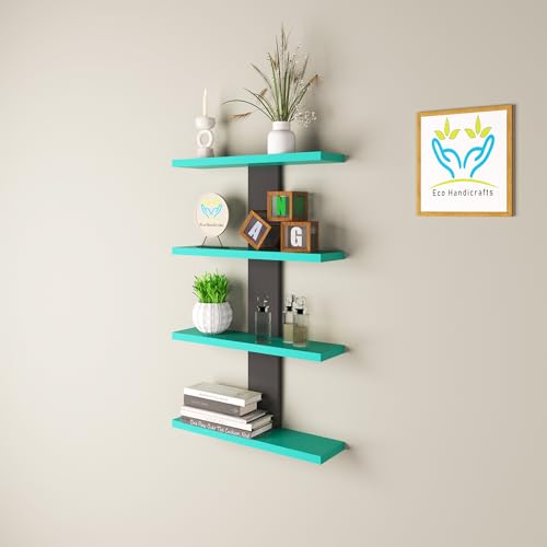 Image of Wooden Wall Mounted Floating Rack Shelves Book Stand Display Hanging Shelf Living Room Bedroom Storage Home Office for Decoration Showcase (Cyan Black)