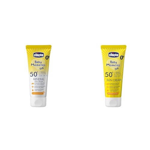Chicco Set Protezione Solare da Viaggio, Crema Solare SPF50+ 75ML e Crema Solare Minerale SPF50+ 75ML, per la Pelle Sensibile del Bambino, Resistente all'Acqua, 0 Mesi+